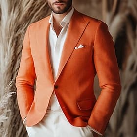 Voor heren Linnen blazer Sportjas Inkeping kraag Modieus Casual Effen Geel Oranje Beige Standaard pasvorm Single Breasted een knoops