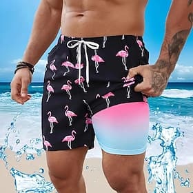Men's Flamingo Bird Lined Shorts Swim Shorts Board Shorts Mid Waist Hawaiian Vacation Holiday Beach Wear Side Pockets With Compression Liner Elastic Drawstring
