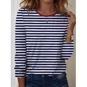 T-shirt pour femmes à col rond à manches longues tunique graphique rayée élégante vintage hauts réguliers impression quotidienne sortie du week-end bleue