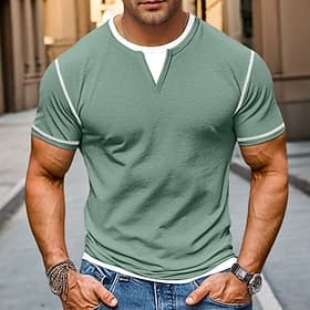 100% Cotton Men's T-Shirt V Neck Tee Fake two Piece Short Sleeve Shirt V Neck Summer Spring Solid Color Daily Casual Street Style Outdoor Street Causal Light B