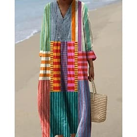 Women's Midi Dress V Neck Long Sleeve Kaftan Lightweight Loose Fit A Line Dress Casual Boho Going out Graphic Long Sleeve V Neck Yellow Pink Blue Brown