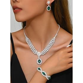 Ensemble de bijoux de luxe en cristal vert pour femmes – collier élégant, bracelet et boucles d'oreilles, accessoires de mariage en strass pour fêtes et événem