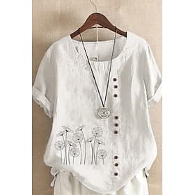Women's Shirt Linen-feel Shirts Blouse Print Flower Basic Modern Short Sleeve Crew Neck Regular Tops Daily Holiday Going out Blue White Yellow Green Summer
