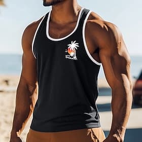 Men's Tank Top Vest Top Sleeveless Shirt Muscle Shirt Sleeveless Crew Neck Summer Coconut Tree Sports Fashion Comfortable Print Casual Beach Black White Green