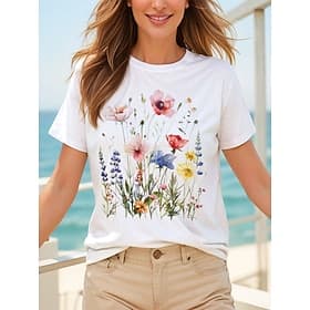 Women's T Shirt Cotton Shirt Print Floral Graphic Casual Short Sleeve Round Neck Regular Tops Daily White Summer