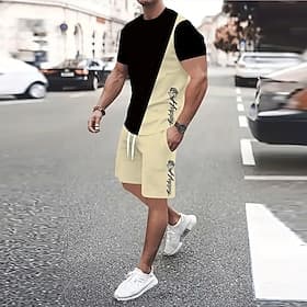 Men's Text / Number Rose 2pcs Tees sets Summer Set Short Sleeve Short Pants Crew Neck Sport Casual Outdoor Vacation Sport 3D Print Summer Black