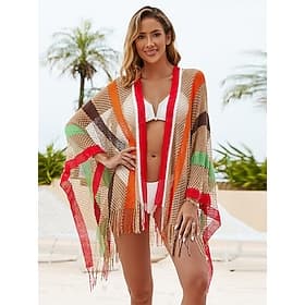 sciarpa copricostume da spiaggia in maglia a rete da donna - kimono da bagno con frange a righe boho, cardigan estivo leggero e traspirante per le vacanze, a b