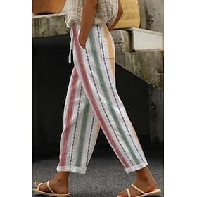 Women's Linen-feel Pants Slacks Summer Pants Streetwear Casual Full Length Natural Floral Plain Striped Pocket Printing Elastic Drawstring Design Comfy Outdoor