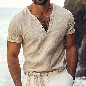 Men's Tee Top Linen-Like T-shirt Short Sleeves V Neck Summer Plain Fashion Designer Basic Soft Vacation Street Casual Daily Light Blue Navy Blue Top Tee for Me
