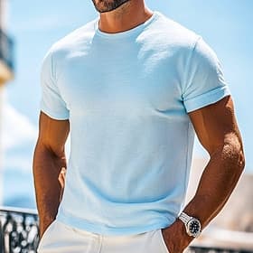 100% Cotton Men's Summer Tops Tee Top Short Sleeves Crew Neck Summer Plain Fashion Designer Basic Soft Vacation Street Casual Daily Light Blue Top Tee for Men