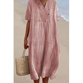 Femmes Robe Midi Robes effet lin Robes en coton et lin Robe Caftan Mode Classique Moderne Quotidien Vacances Fête Coupe régulière Uni Manche Courte Col en V Bl