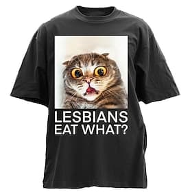 Men's Funny 'Lesbians Eat What?' Shocked Cat Meme Graphic T-Shirt Short Sleeve