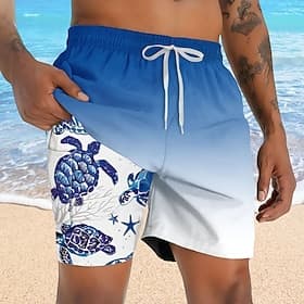 Men's Gradient Color Turtles Lined Shorts 2 in 1 Board Shorts Swim Shorts Mid Waist Hawaiian Vacation Beach Wear Side Pockets With Compression Liner Elastic Dr