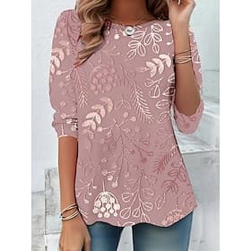 Women's T shirt Long Sleeve Crew Neck Long Sleeve Tunic 3D Print Floral Graphic Casual Regular Tops Daily Print Pink Purple Green Khaki Fall Prefall
