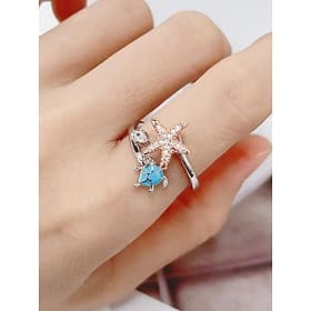 Adjustable Starfish Sea Turtle Ring – Ocean-Themed Rotatable Crystal Ring, Silver Rose Gold Beach Jewelry for Women Girls, Stylish Summer Accessory for Vaca