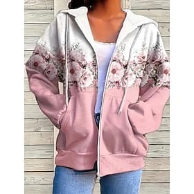 Women's Hooded Sweatshirt Jacket Long Sleeve Zip Up Hoodie With Pocket Lightweight Casual Micro-elastic Oversized Floral Active Vintage Sports Drawstring Front