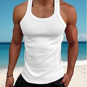 Men's Tank Top Vest Top Undershirt Muscle Shirt Sleeveless Square Summer Plain Fashion Streetwear Bodybuilding Fitness Ribbed Beach Homewear White Top Tee for
