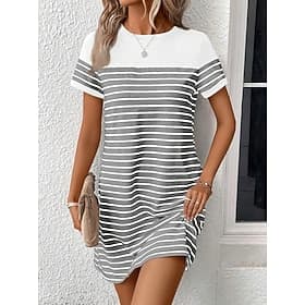 Damen Minikleid Shiftkleid T-Shirt-Kleid Sommerkleid Formell Arbeit Normale Passform Grafik Gestreift Kurzarm Rundhalsausschnitt Marineblau Grau Sommer Frühlin