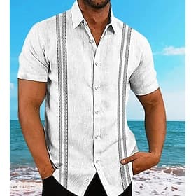 Herren Guayabera Hemd Sommerhemd Freizeithemd Knopfhemd Schwarz Weiß Dunkelmarine Kurzarm Muster Einfarbig Revers Urlaub Hawaiianisch Bekleidung Polyester Mode