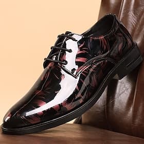 Men's Black Patent Leather Oxford Shoes – Glossy Lace-Up Dress Shoes with Red Feather Pattern for Weddings Formal Events