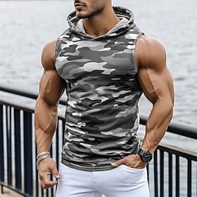 Men's Tank Top Vest Top Sleeveless Hoodie Sleeveless Hooded Summer Camouflage Fashion Streetwear Muscle Hooded Gym Sports Outdoor Athleisure Green Top Tee for