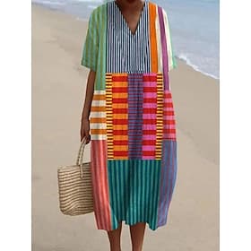 Damen Midi Kleid Sundress A-Linie Kleid Leinen Urlaub Lässig Strand Ausgehen Lockere Passform Grafik Geometrisch Kurzarm V-Ausschnitt Pink Blau Khaki Sommer