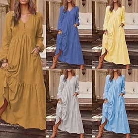 Damen Midikleid Kaftan Kleid Mode Basic Modern Täglich Outdoor Ferien Normale Passform Einfach Langarm V Ausschnitt Hellgelb Wein Marineblau Braun Sommer