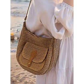 Sac à bandoulière en paille tissée à la main de grande capacité pour femme - Sac à bandoulière bohème avec poche avant, sac fourre-tout de plage d'été, sac fou