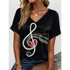 Musikfestival Damen T Shirt Druck Grafik Musik Lässig Kurzarm V Ausschnitt Normale Oberteile Täglich Wochenende Urlaubskleidung Schwarz Sommer