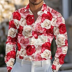 Kentucky-derby Voor heren Bloemenprint roze Bloemen Satijnen overhemd Overhemd Overhemd met knopen Lange mouw Mode-casual Bruiloft Vakantie Avond Feest Zomer L
