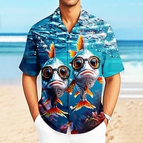 Men's Fish Funny Sea Creatures Shirt Cuban Collar Shirt Summer Hawaiian Shirt Short Sleeve Hawaiian Resort Vacation Holiday Beach Wear Summer Spring Camp Colla