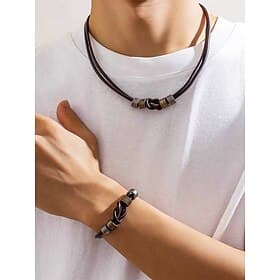 Herren-Set aus Halskette und Armband aus Leder – Vintage-Knotendesign mit Metallakzenten, verstellbarer handgefertigter Schmuck für den Freizeit-, Biker- und B