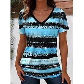 Per donna Maglietta Stampato Oceano A righe Casual Manica Corta Scollo a V Top Regolari Quotidiano Uscire Weekend Blu Giallo Rosa Viola Arancione Estate