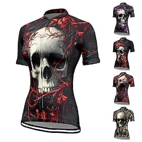 Women's Cycling Jersey Skull Flower Short Sleeve Bike Tee Tshirt Jersey with 3 Rear Pockets Mountain Bike MTB Quick Dry Anatomic Design Wicking Breathable Spor