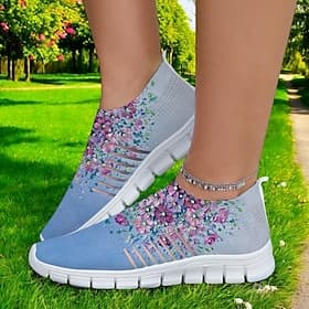 Women's Floral Mesh Slip-On Sneakers – Lightweight Breathable Walking Shoes for Casual Wear, Travel and Outdoor Activities
