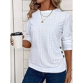 Women's Pointelle Shirt Eyelet Top T Shirt Eyelet Plain Fashion Modern Long Sleeve Crew Neck Regular Tops Casual Daily Beach Black White Sky Blue Summer