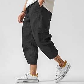 Men's Cargo Pants Linen Pants Trousers Summer Pants Beach Pants Drawstring Elastic Waist Multi Pocket Plain Comfort Breathable Ankle-Length Casual Daily Holida