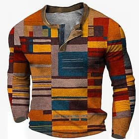 Herren Grafik Farbblock Waffel-Henley-Hemd Lässiger Stil Klassicher Stil Langarm 3D-Druck Mode Designer Basic Täglich Outdoor Frühling Herbst Blau Gelb Rote O