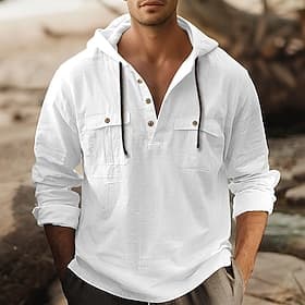Per uomo Camicia Camicia di lino Camicia Estiva Camicia da Spiaggia Camicia con cappuccio Semplice Casuale Quotidiano Nero Bianco Marrone Cachi Manica Lunga Co