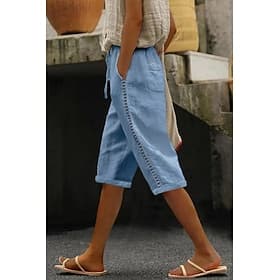 Women's 100% Cotton Capri Pants Slacks Summer Shorts Streetwear Casual Knee Length Natural Plain Pocket Elastic Drawstring Design Breathability Soft Micro-ela