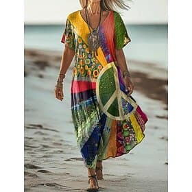 Robe Maxi Femme Robe Évasée Robe Décontractée Robe d'été Robe Évasée Été Bohémien Vacances Vintage Quotidienne Taille Normale Ombre Graphique Géométrique Manch