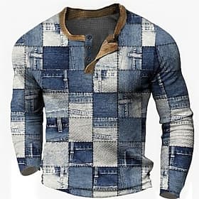 Herren Grafik Karomuster Henley Hemd Waffel-T-Shirt Langarm 3D-Druck Designer Lässig Vintage-Retro Sport im Freien Ferien Festival Frühling Herbst Blau Hellbl
