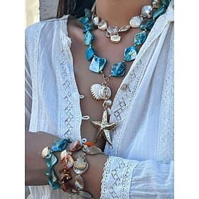 Boho Beach Starfish Necklace – Handmade Blue Stone Shell Pendant Jewelry for Women, Ocean-Inspired Statement Necklace for Summer, Vacations Resort Wear
