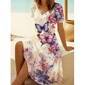 Women's Mini Dress A Line DressT Shirt Dress Tee Dress Casual Vacation Daily Regular Fit Graphic Paisley Short Sleeve V Neck Blue Beige Summer Spring