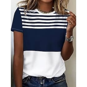 Damen T Shirt Grafik Gestreift Stilvoll Lässig Kurzarm Rundhals Normale Oberteile Täglich Wochenende Patchwork Druck Marineblau Sommer Frühling