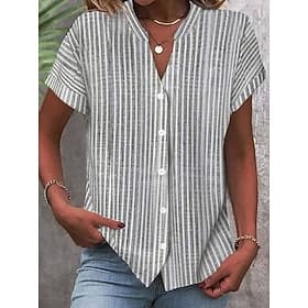 Women's Shirt V Neck Button Down Blouse Graphic Striped Stylish Beach Short Sleeve Shirt Collar Regular Tops Daily Buttons Print Pink Blue Green Gray Spring Fa
