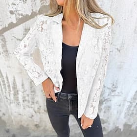 Women's Lace Solid Color Classic Style Long Sleeve Bishop Sleeve Lapel Going out Black White Summer Spring