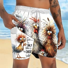 Herren Tiermotiv Küken Lustig Gefütterte Shorts 2 in 1 Badeshorts Badeshorts Mittlere Taille Hawaiianisch Urlaub Ferien Strandbekleidung Seitentaschen Mit Komp