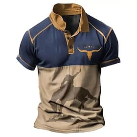 Men's Western Wear Polo Shirts Golf Shirt Short Sleeve Polo Shirts Collared Shirts Vintage Casual Vacation Wear Party Outfits Buttons 3D Print Blue Brown Green