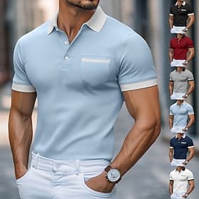 Men's Golf Shirt Pique Polo Shirt Casual Work Lapel Ribbed Polo Collar Short Sleeve Basic Modern Color Block Pocket Summer Regular Fit White Navy Blue Light Bl